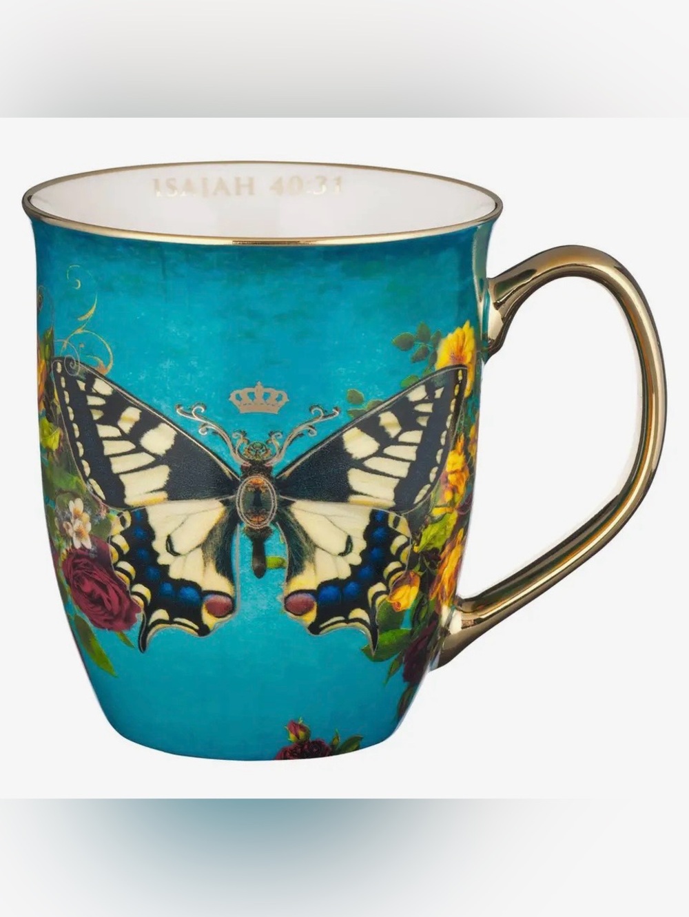 1275.  Hope Turquoise Butterfly Accent Mug with Gold Handle - Picture 2 of 3